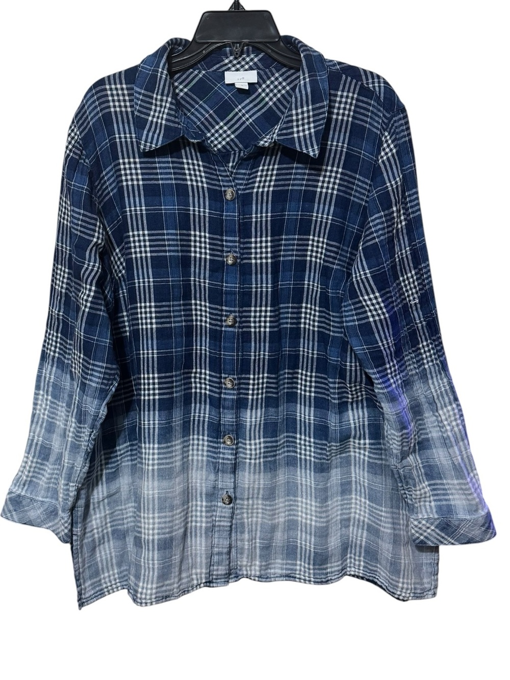 J JILL Ombré Plaid Button Down Shirt XL 25” p2p Blue EUC - Picture 2 of 10
